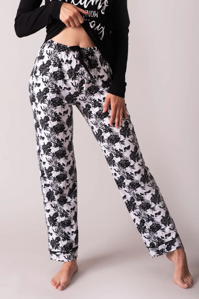 Ženska pidžama donji dio - Floral white/black