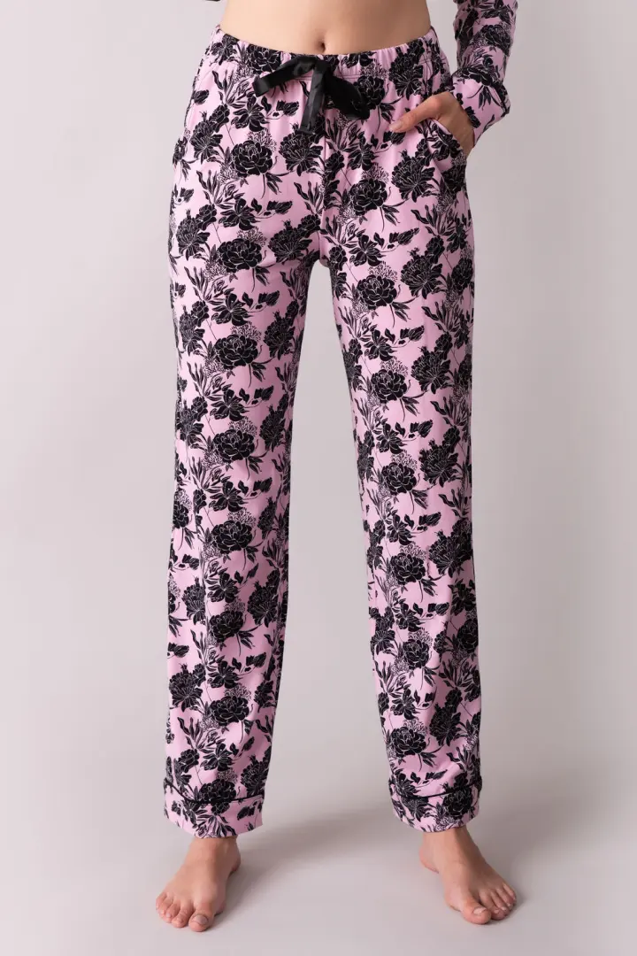 Ženska pidžama donji dio - Floral pink/black