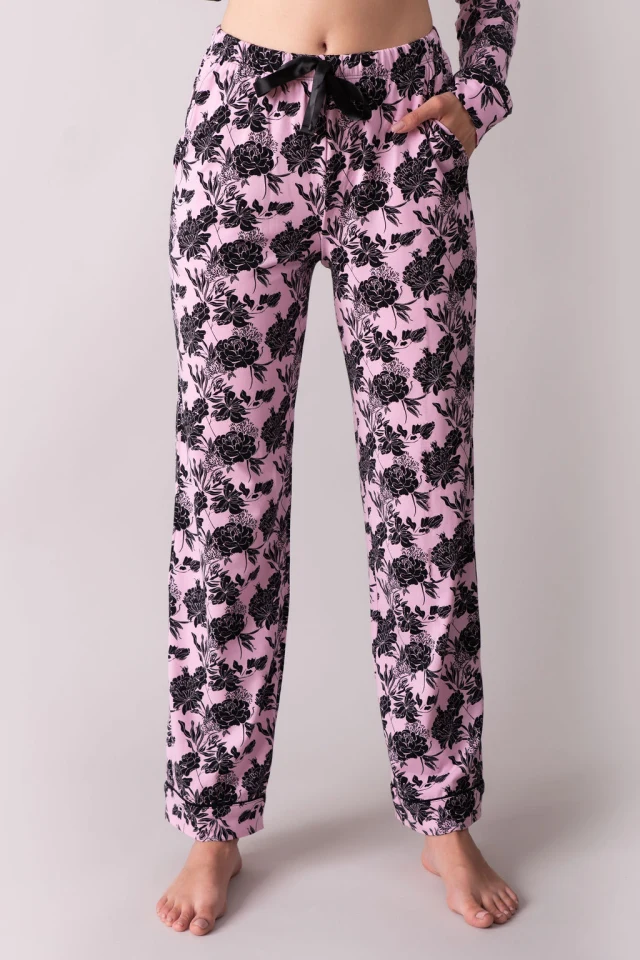 Ženska pidžama donji dio - Floral pink/black